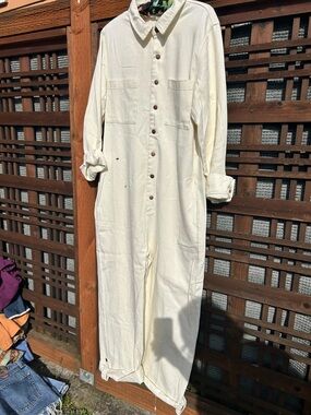 Bucket List Sarah Jumpsuit Tan Button-Up Denim Utility Jumpsuit size medium